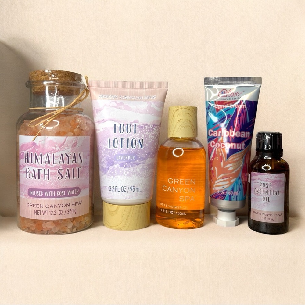 Bath & Body Bundle - Bath Salts, Foot Lotion, Shower Gel, Hand Cream & Rose Oil